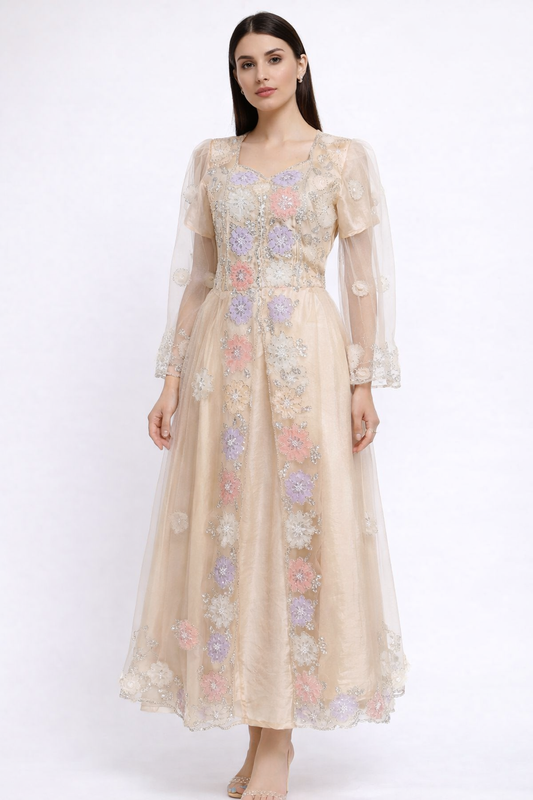 Elegant beige net dress with floral embellishment, pearls, sequins and 3D flowers