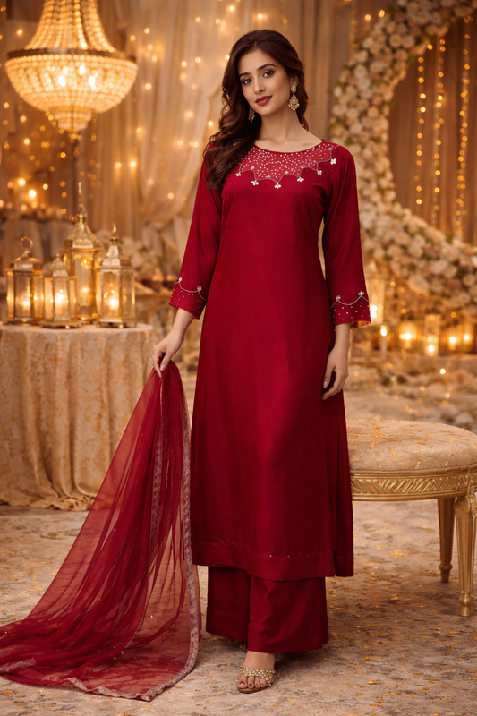 Luxury red handworked viscose silk long shirt with elegant organza dupatta