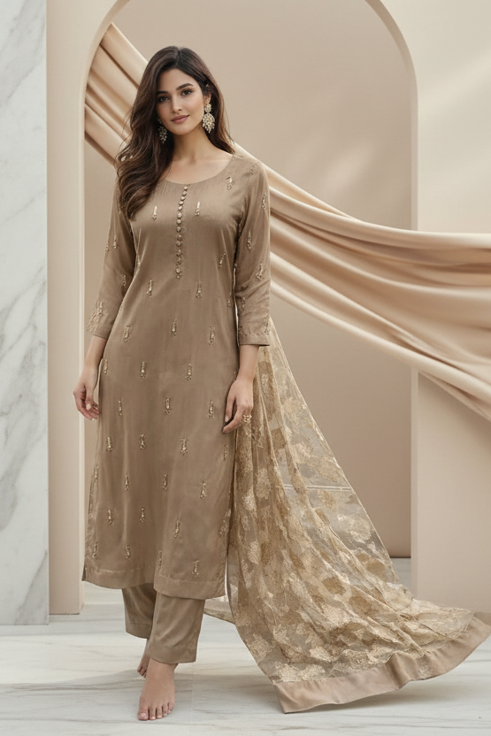 Champagne Luxe viscose silk 3PC suit with hand-beaded kurti and embroidered dupatta Model