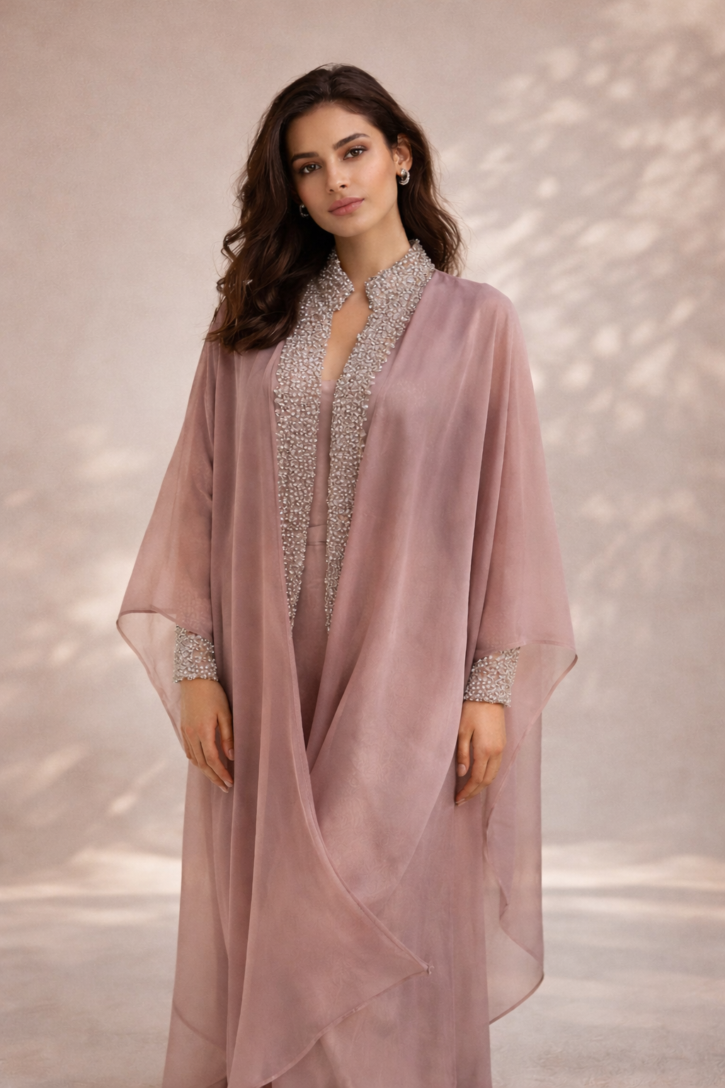Dusty lavender 2PC sheesha silk abaya set with pearl embellishments