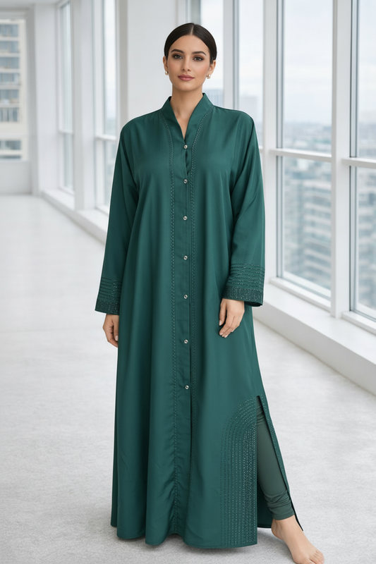 Luxury front open abaya with hand-set stone work and reverse U detailing in premium nida fabric by RUHKÉ