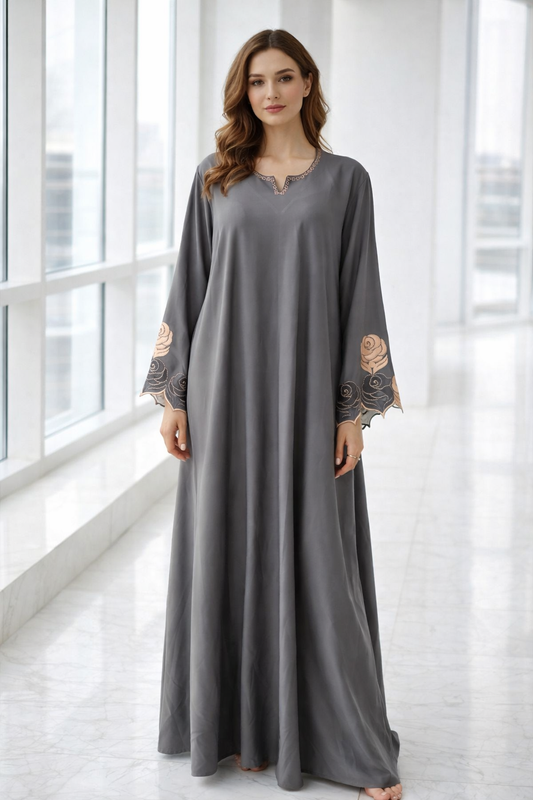 Luxury grey nida abaya with matching hijab, thread and stone work with cut-work sleeves by RUHKÉ