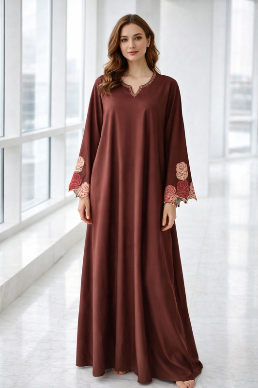 Luxury brown nida abaya with matching hijab, thread and stone work with cut-work sleeves by RUHKÉ