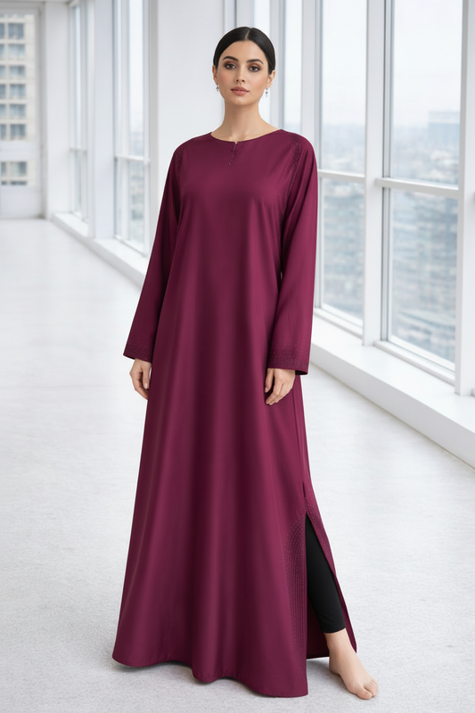 Luxury reverse U-work stone abaya with chest and sleeve detailing in premium nida fabric by RUHKÉ