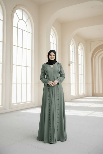 Sage green front open abaya with black bead embroidery full length