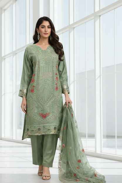 Luxury sage green cut-work kurta with intricate thread embroidery and zari detailing, paired with an elegant organza net dupatta by RUHKÉ