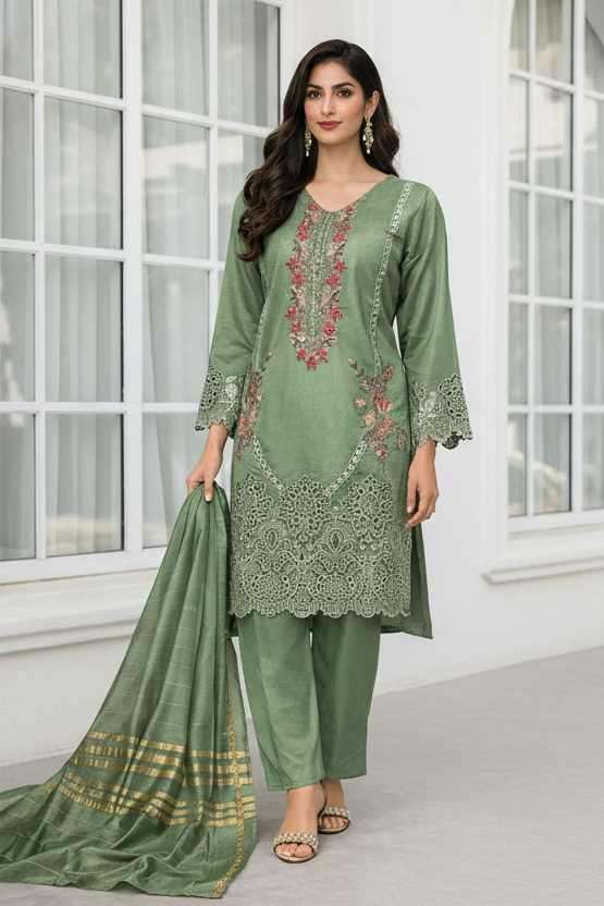 Designer sage green cut-work kurta featuring delicate floral thread embroidery, paired with a luxurious silk dupatta by RUHKÉ