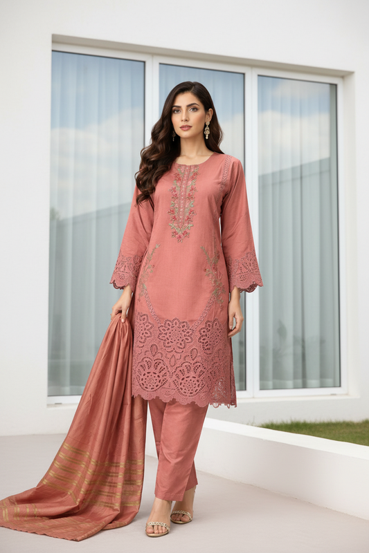 Luxury dusty rose cut-work kurta with floral thread embroidery and silk dupatta by RUHKÉ