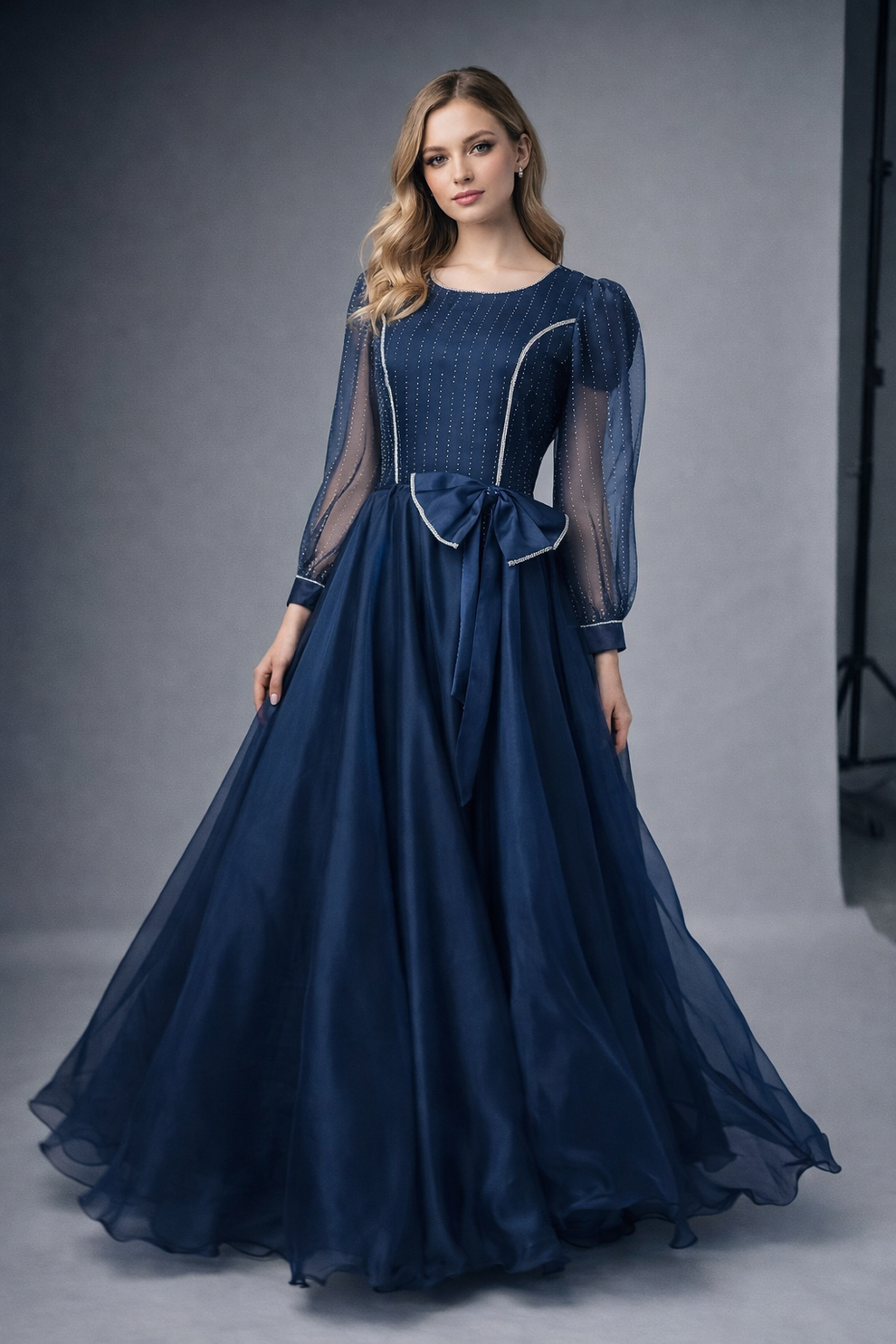 RUHKÉ Deep Navy Blue Sheesha Silk Fairy Tale Frock with Stone Work – L