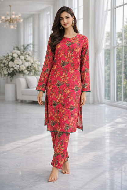 Luxury printed lawn dress 2 piece set with floral design and lace detailing by RUHKÉ™