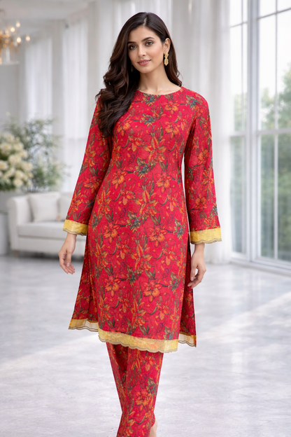 Luxury printed lawn dress 2 piece set with organza lace patches by RUHKÉ™