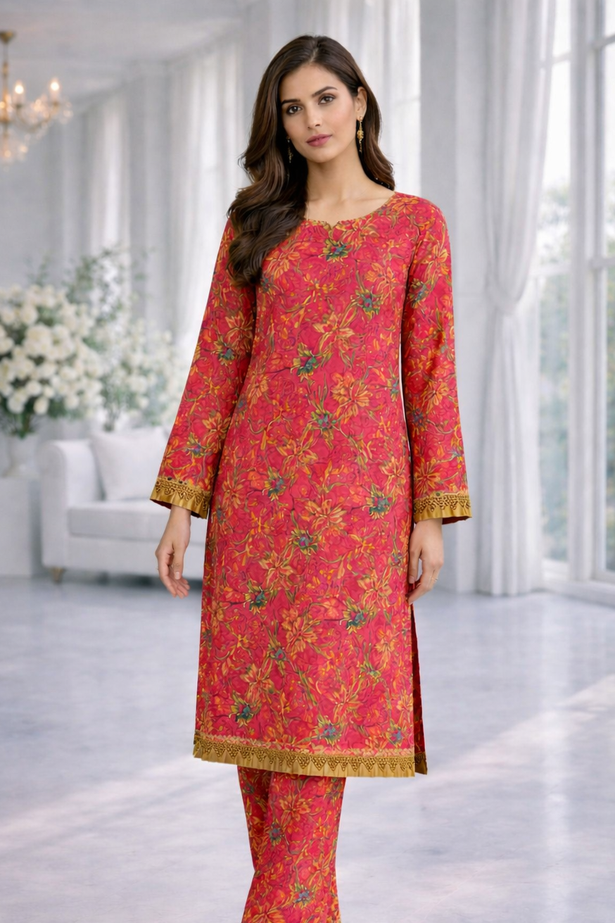 Luxury printed lawn dress 2 piece with contrast lace detailing by RUHKÉ™