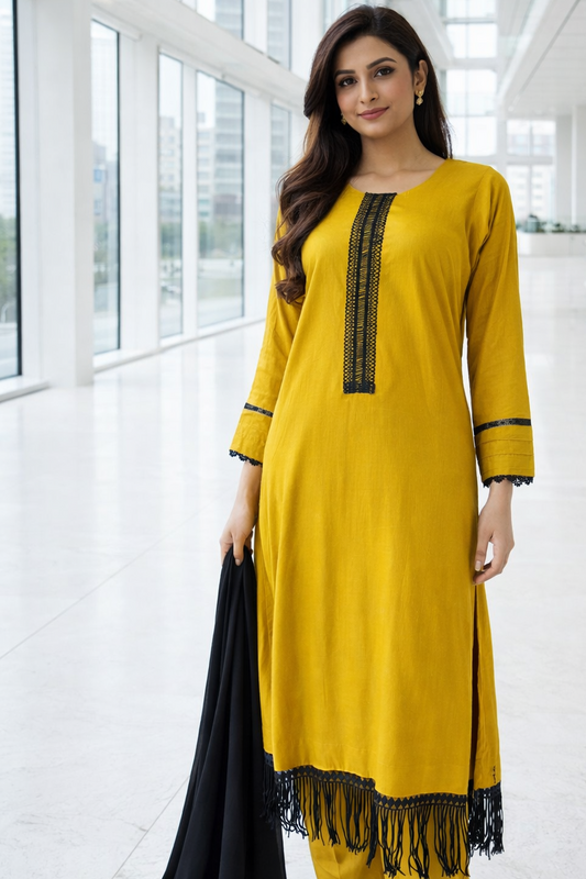ALT: Mustard yellow long lawn dress 3 piece with chiffon dupatta by RUHKÉ™