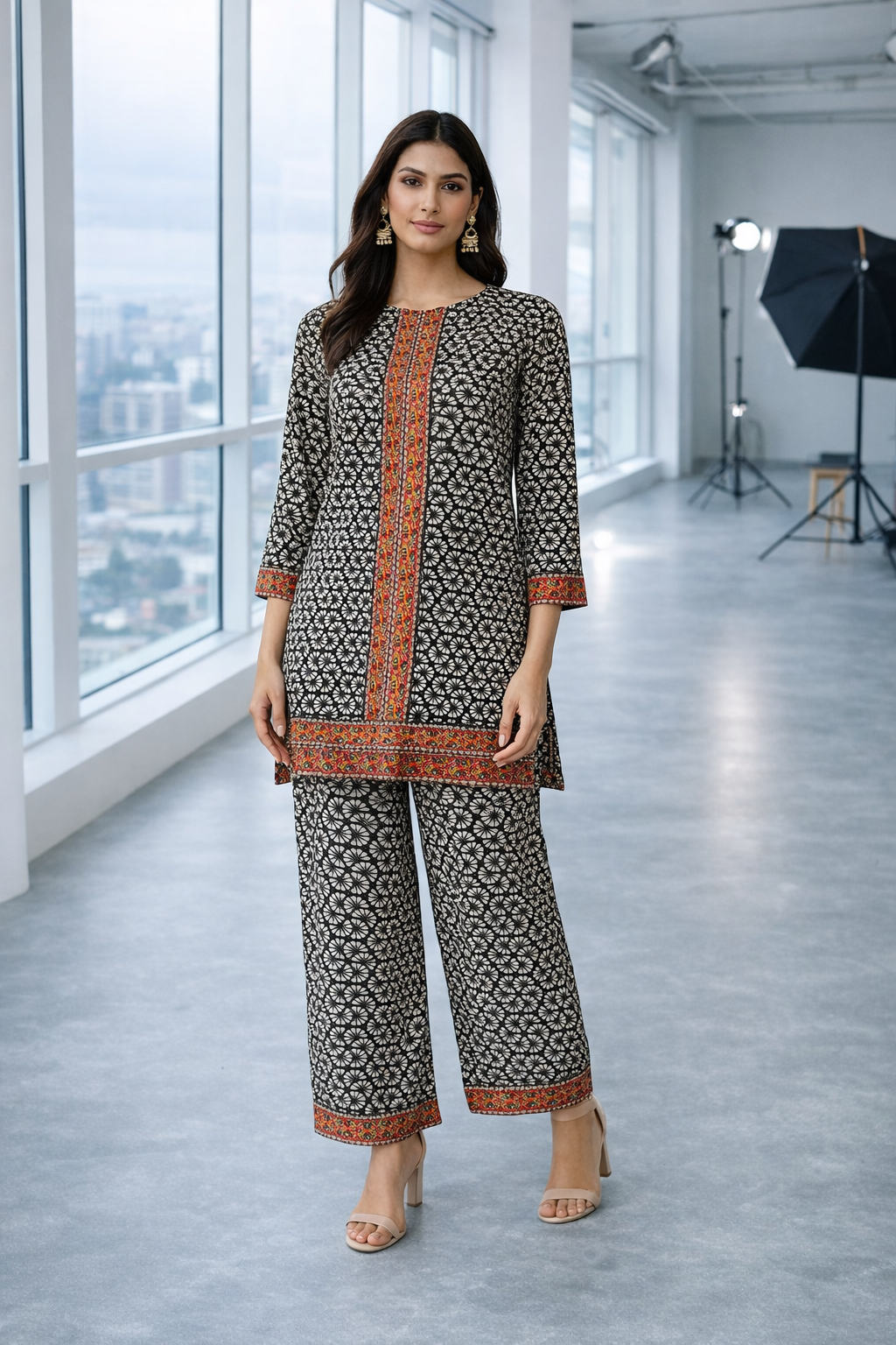 Model Printed lawn long shirt with contrast border detailing