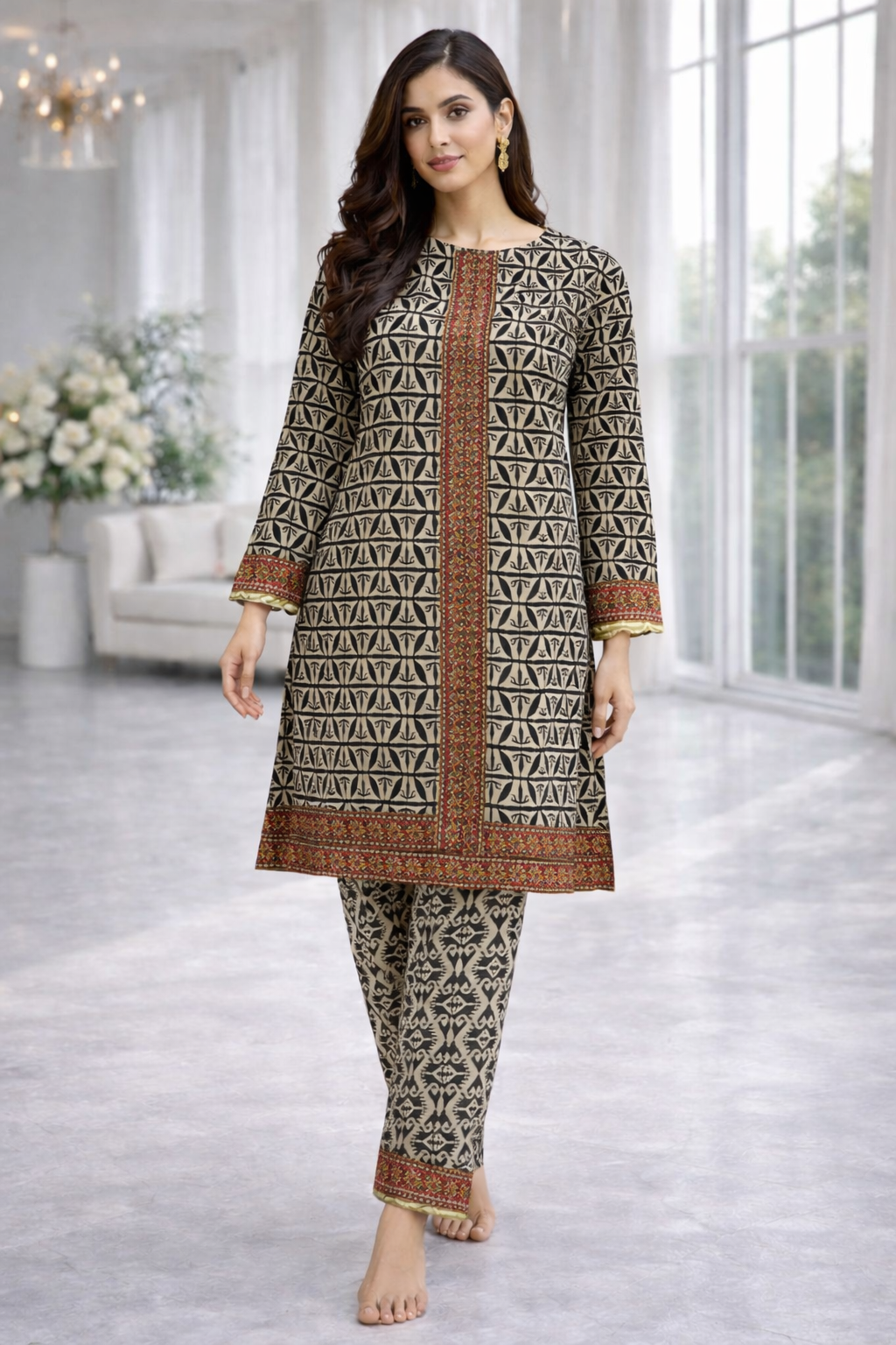 Black and ivory printed lawn co-ord set worn by model