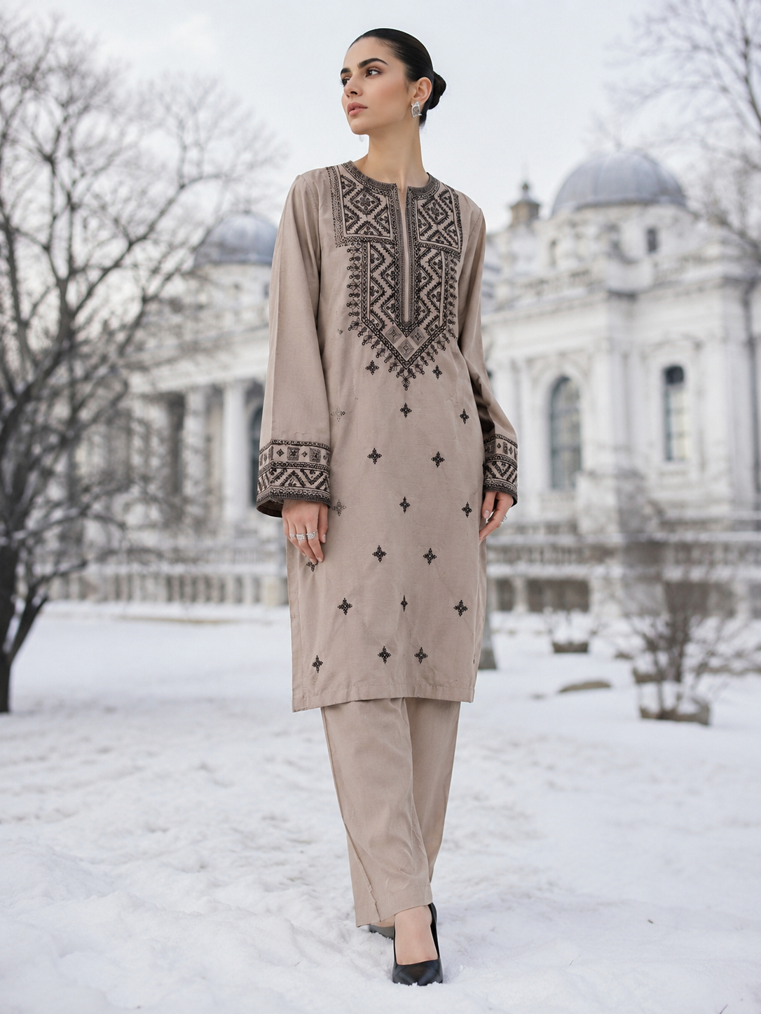 Embroidered Taupe Beige Matching Set wore by model 