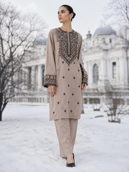 Embroidered Taupe Beige Matching Set wore by model 