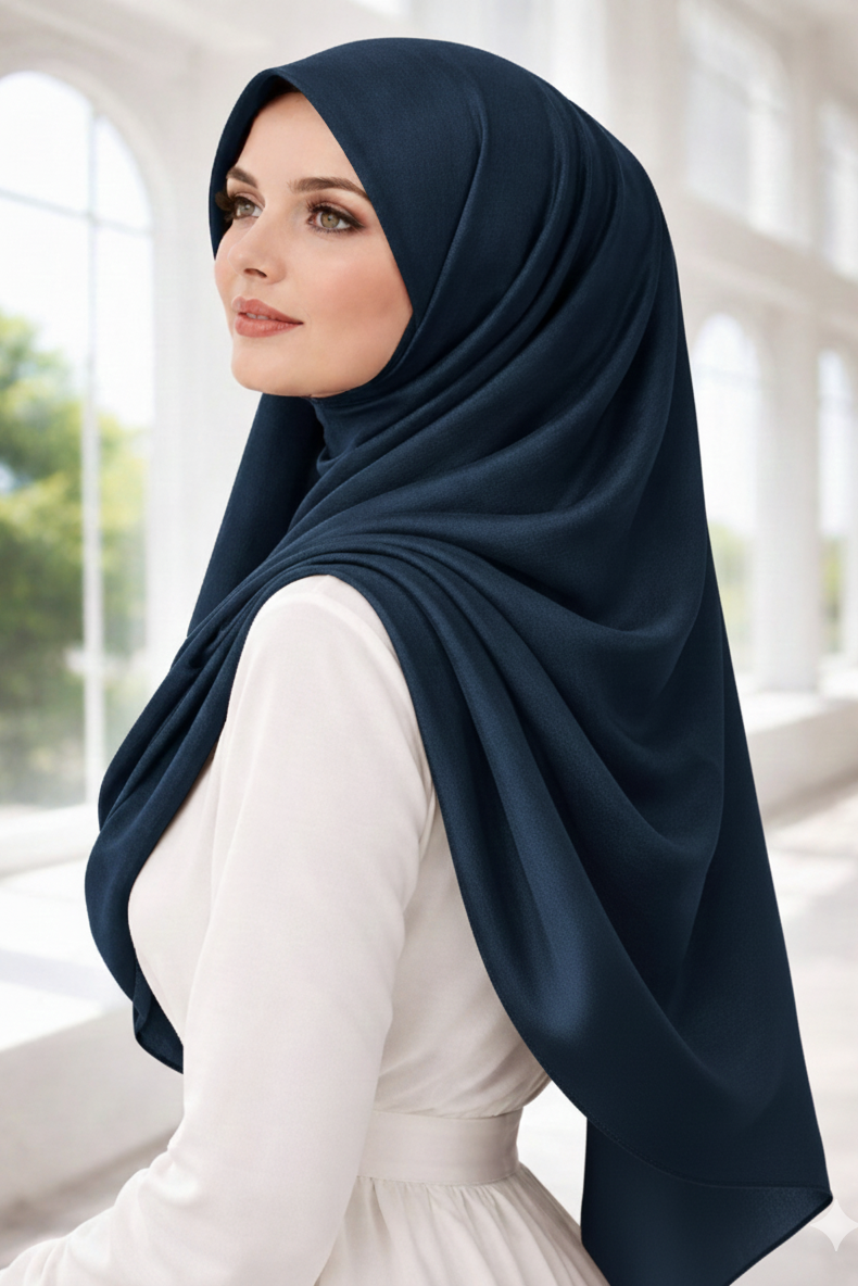 Model wearing steel blue satin crêpe Korean silk hijab by RUHKÉ™, styled in luxury modest fashion