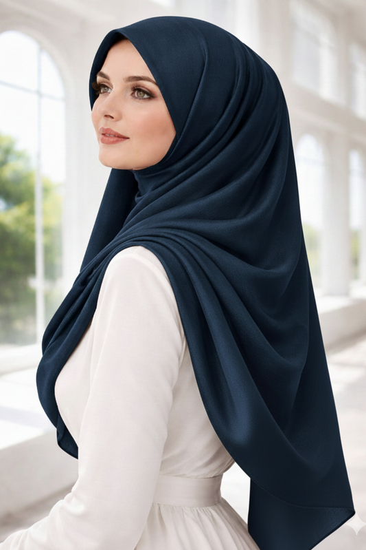 Model wearing steel blue satin crêpe Korean silk hijab by RUHKÉ™, styled in luxury modest fashion