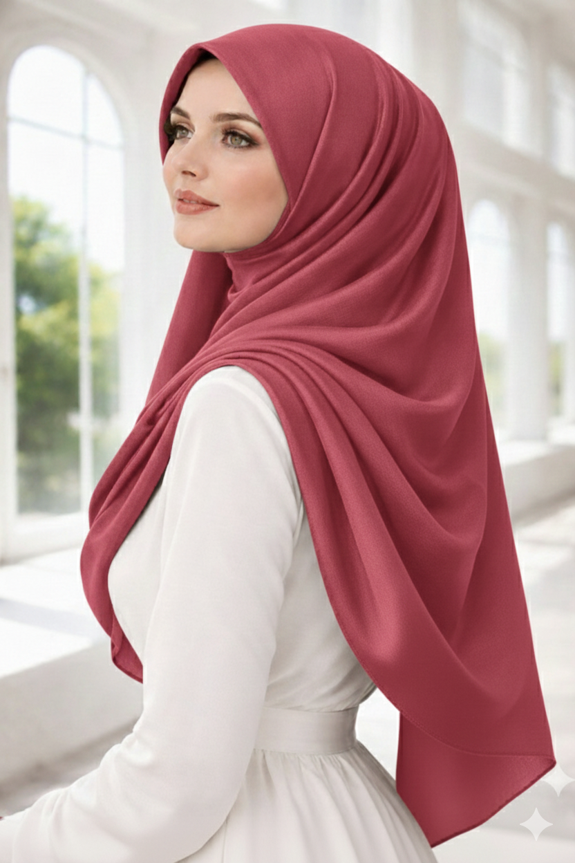 Model wearing rosewood blush satin crêpe Korean silk hijab by RUHKÉ™, styled in luxury modest fashion