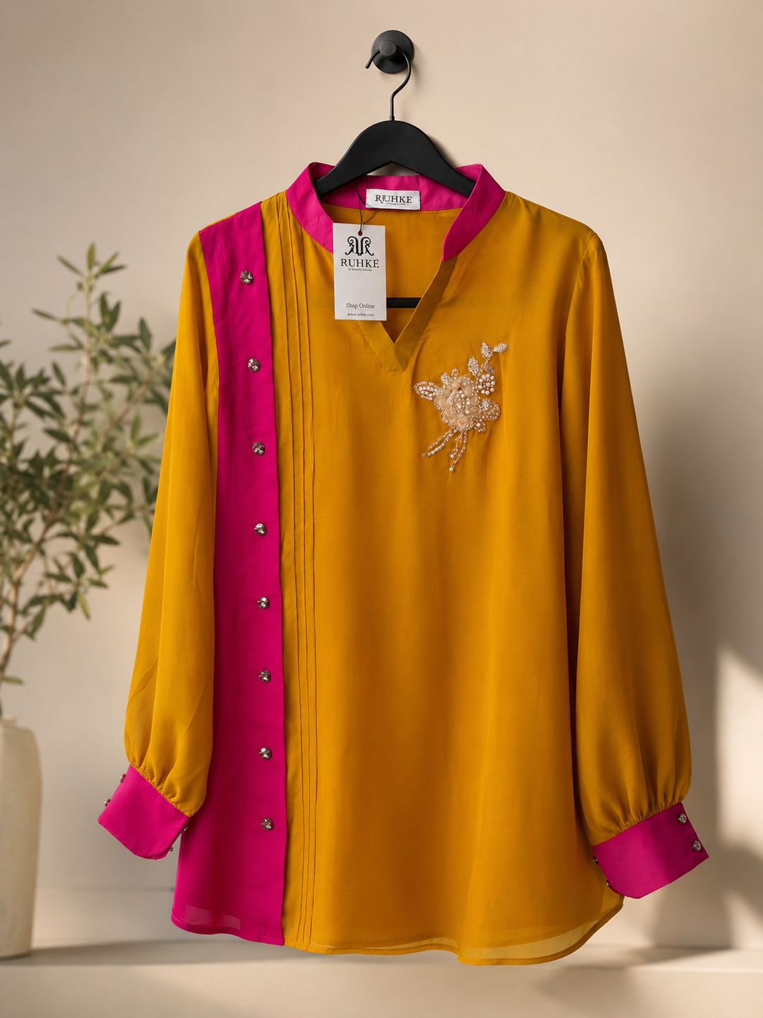 Ruhke premium mustard and pink linen designer shirt with handcrafted floral beadwork.