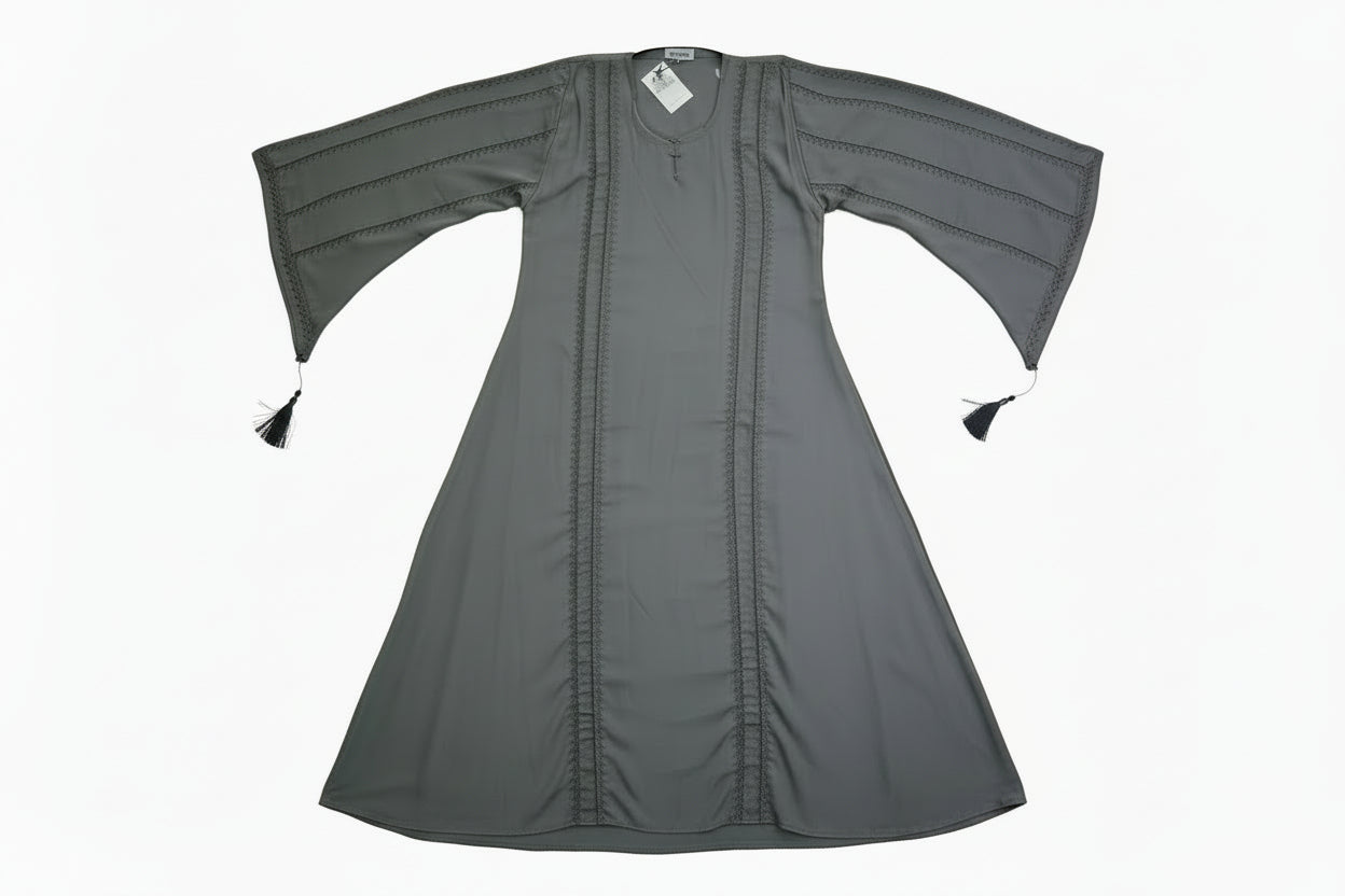 RUHKÉ luxury olive grey stone-work abaya featuring premium nida fabric and tassel sleeve detailing