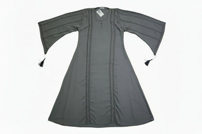 RUHKÉ luxury olive grey stone-work abaya featuring premium nida fabric and tassel sleeve detailing