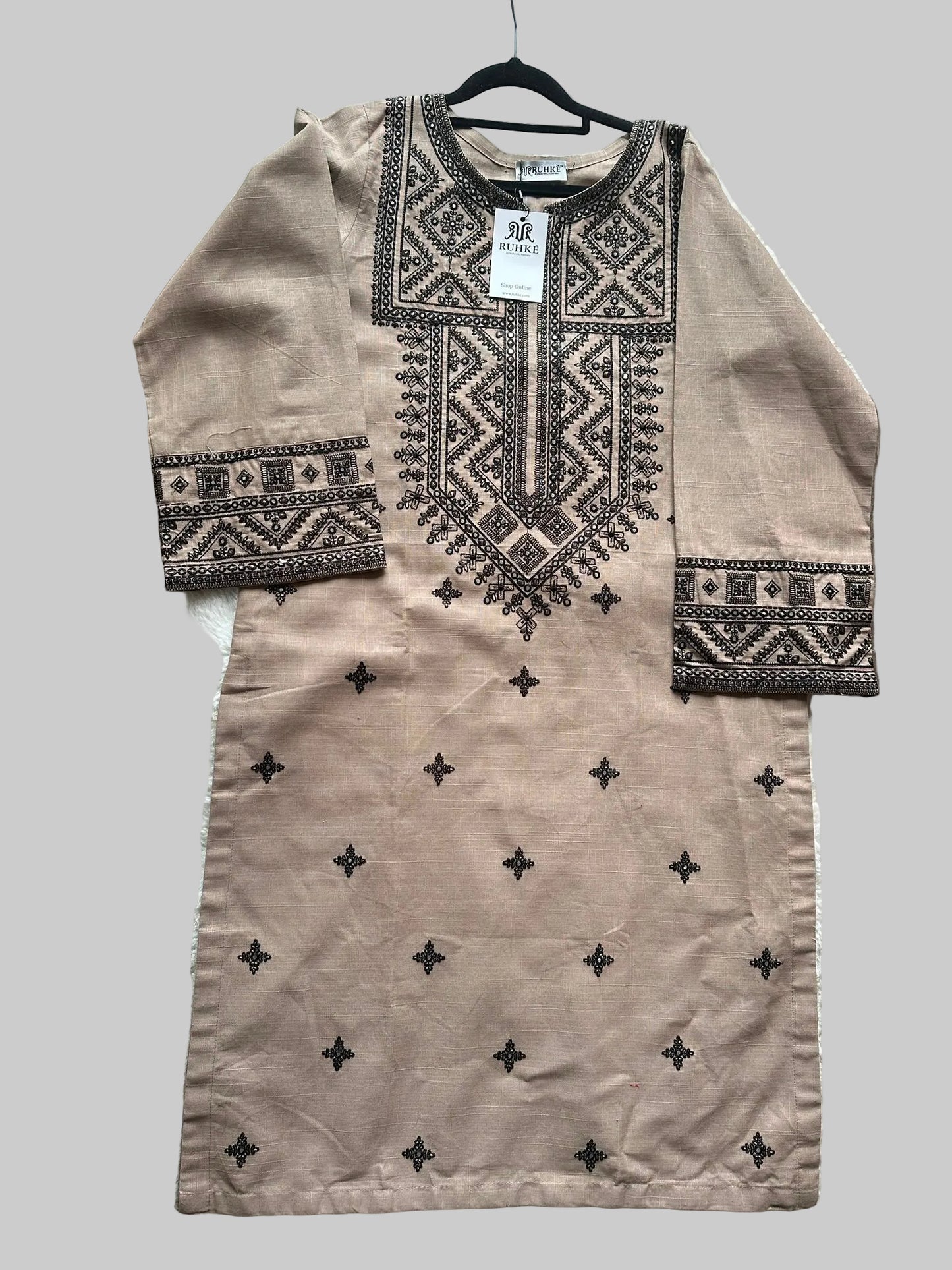 Embroidered Taupe Beige Matching Set Shirt