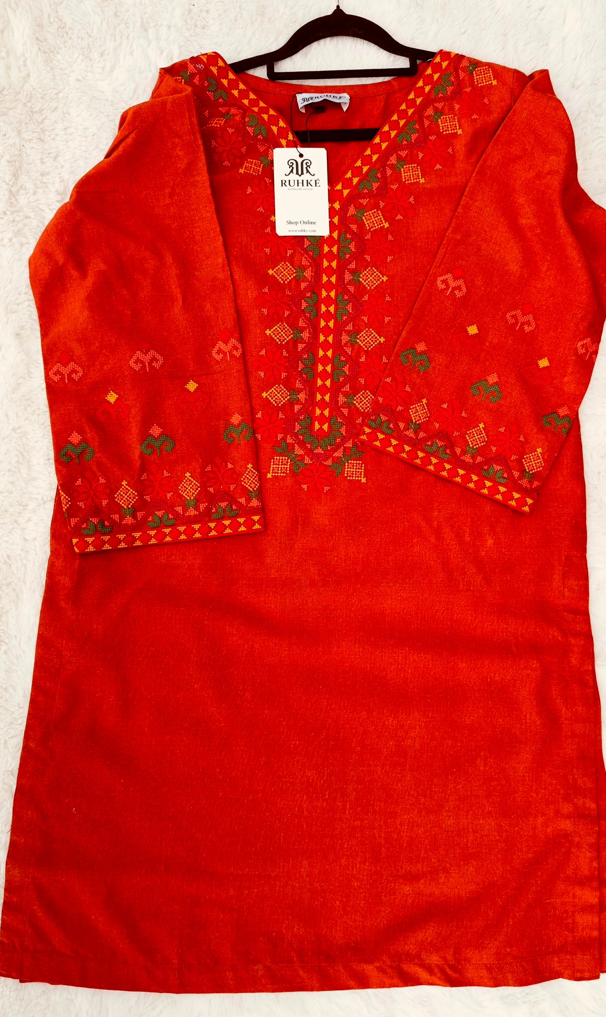 RUHKÉ Premium Burnt Orange Khaddar Co ord set with Traditional Char Suti Embroidery