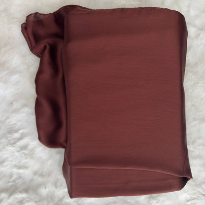 Brown satin crêpe Korean silk hijab laid flat, displaying full size and elegant satin sheen by RUHKÉ™