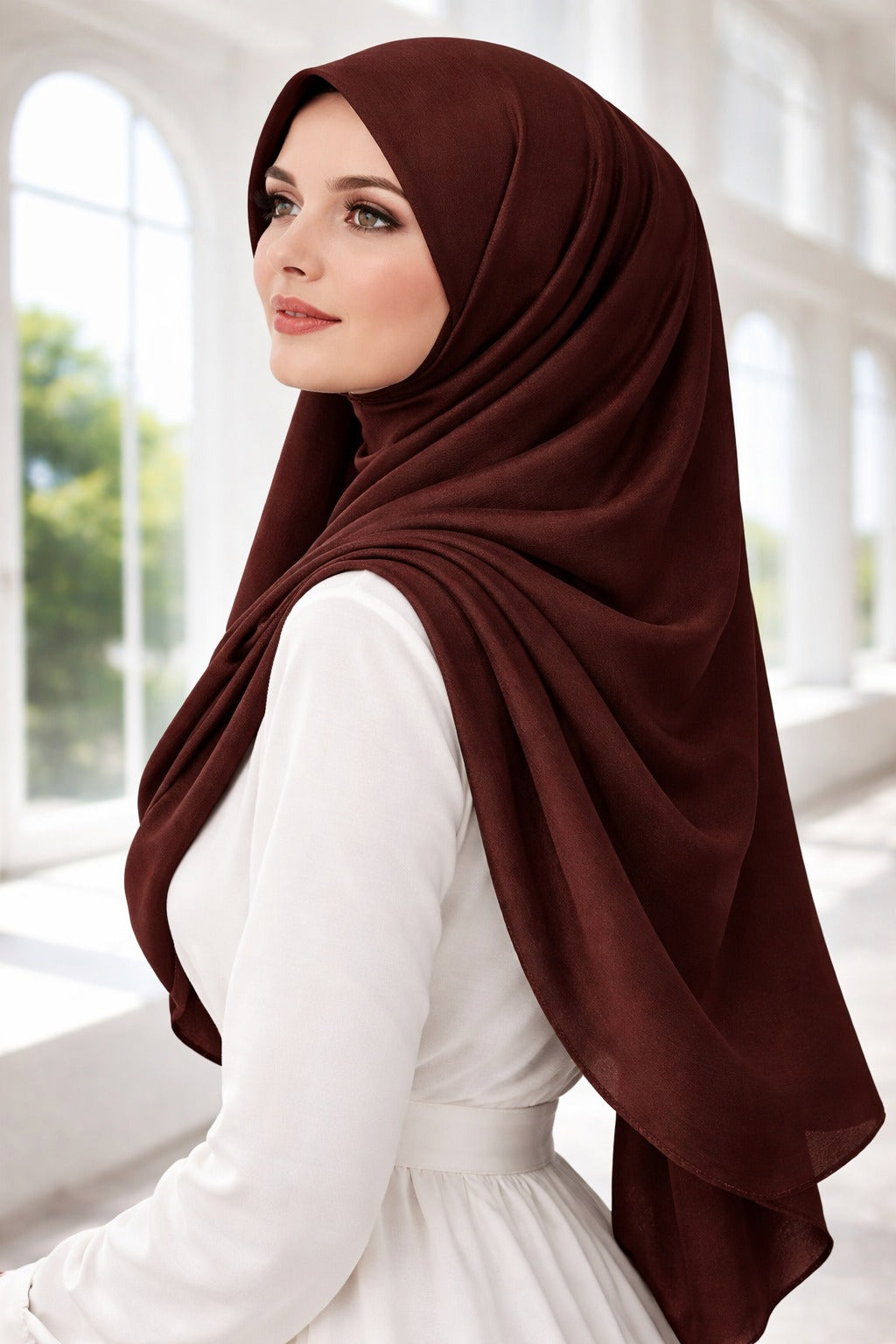 Model wearing brown satin crêpe Korean silk hijab by RUHKÉ™, styled in luxury modest fashion