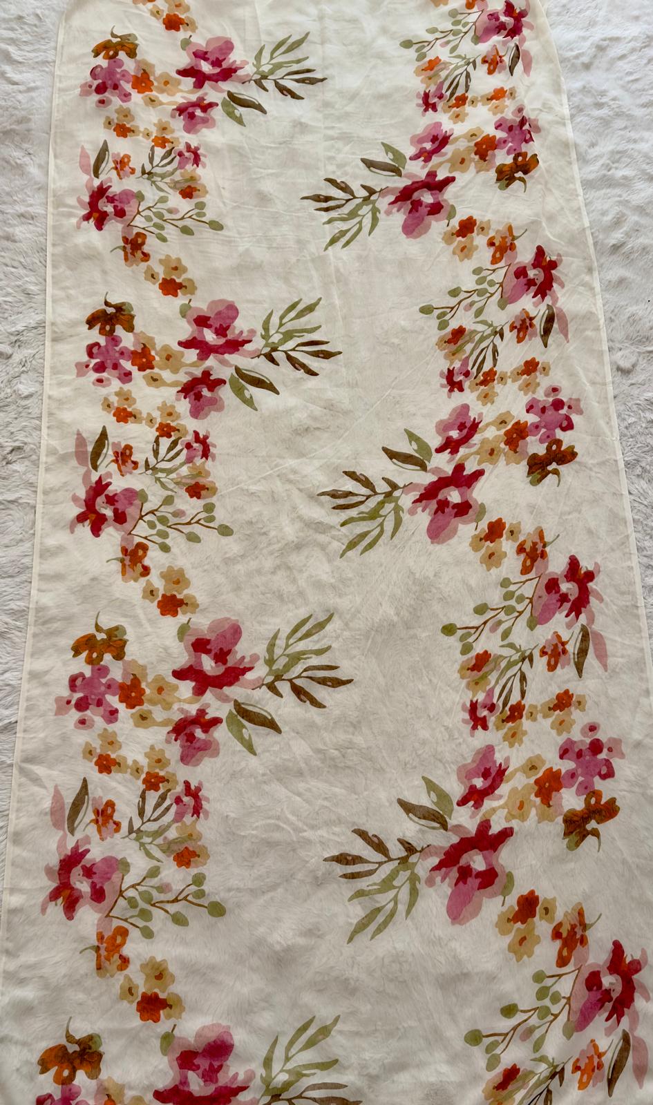 Floral cream chiffon dupatta with soft drape, lightweight fabric and elegant printed borders, styled with 3-piece lawn suit