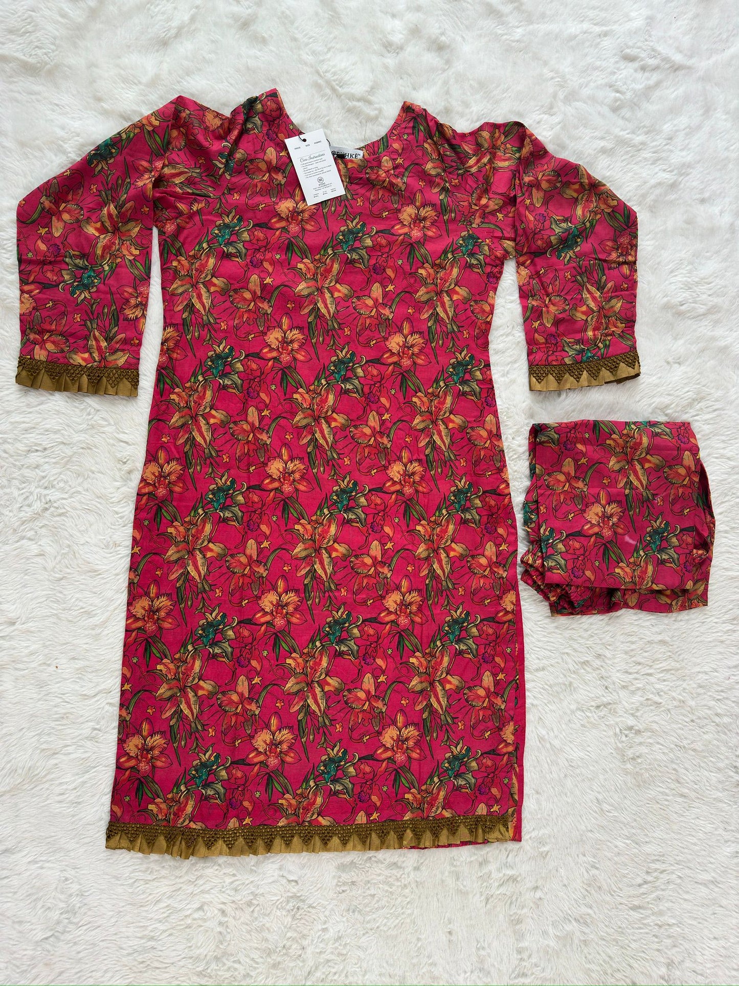 Flat lay of printed lawn 2 piece suit with shirt and trouser