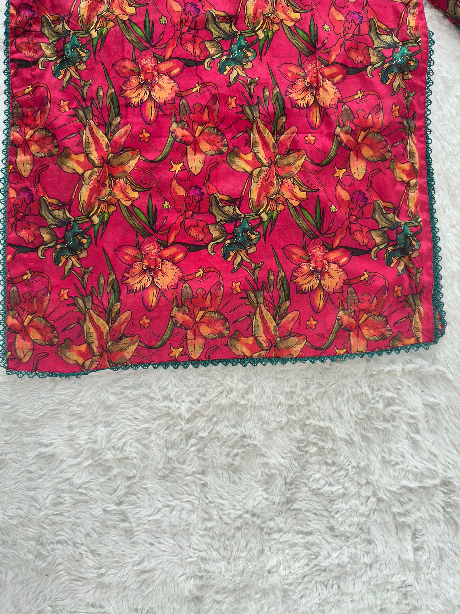 Detailed daman lace finishing on luxury printed lawn dress