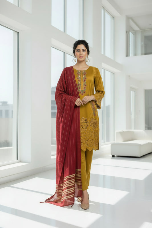 Mustard yellow viscose khadi long dress with cutwork embroidery by RUHKÉ™