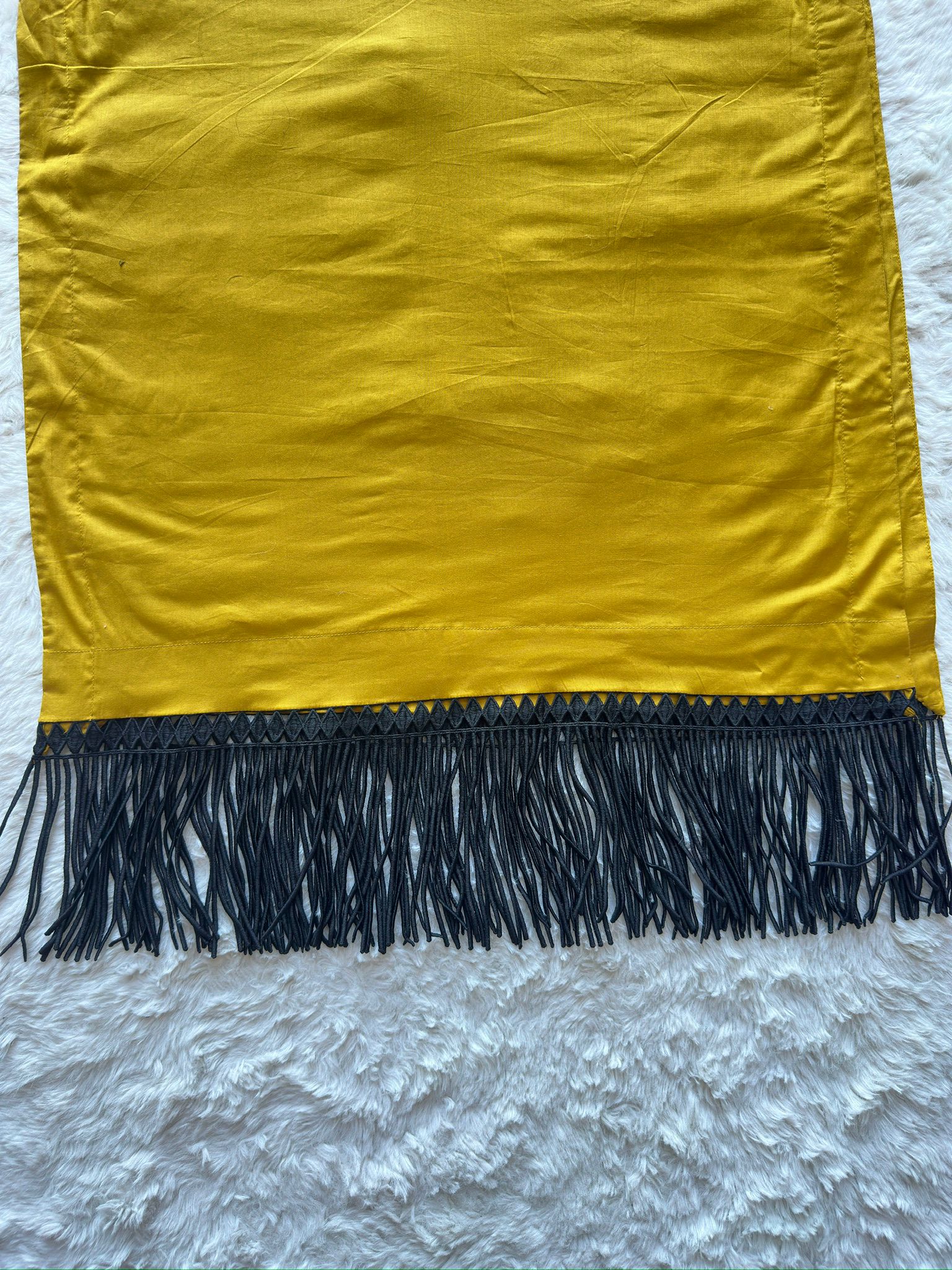 Black fringe daman detailing on mustard yellow lawn dress