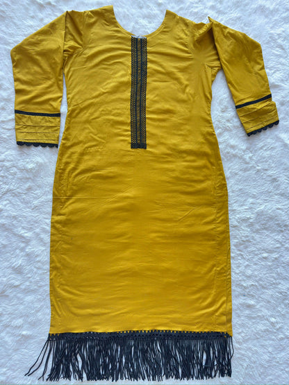 Mustard yellow long lawn shirt with straight cut silhouette flat lay