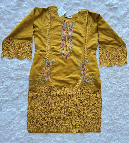 Embroidered front neck detailing on mustard viscose khadi shirt