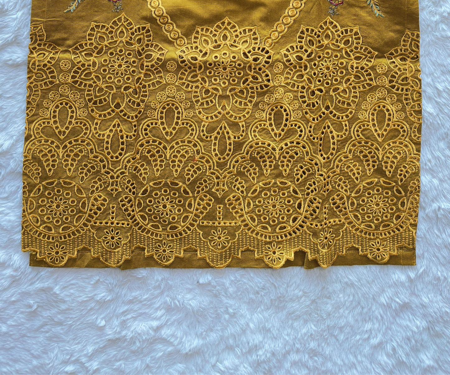 Heavy cutwork embroidered daman on mustard khadi long shirt