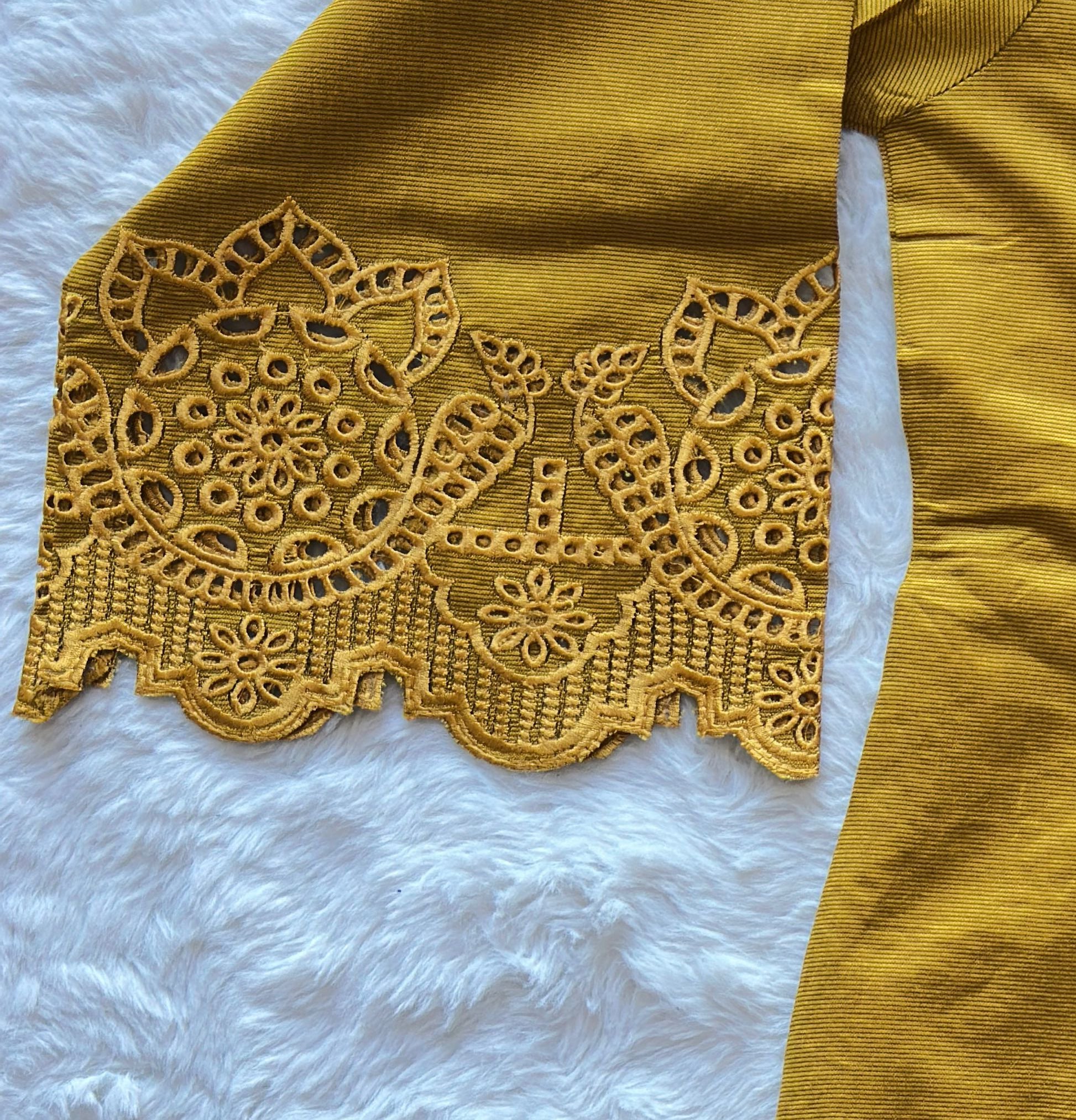 Cutwork embroidered sleeve hem on viscose khadi dress
