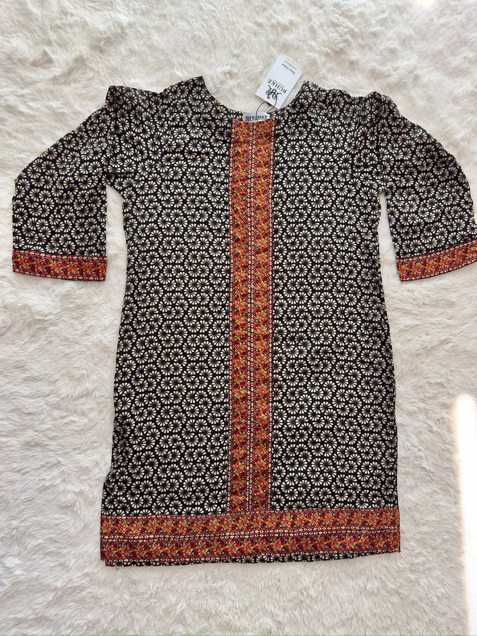 Printed lawn long shirt with contrast border detailing