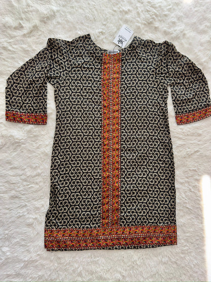 Printed lawn long shirt with contrast border detailing