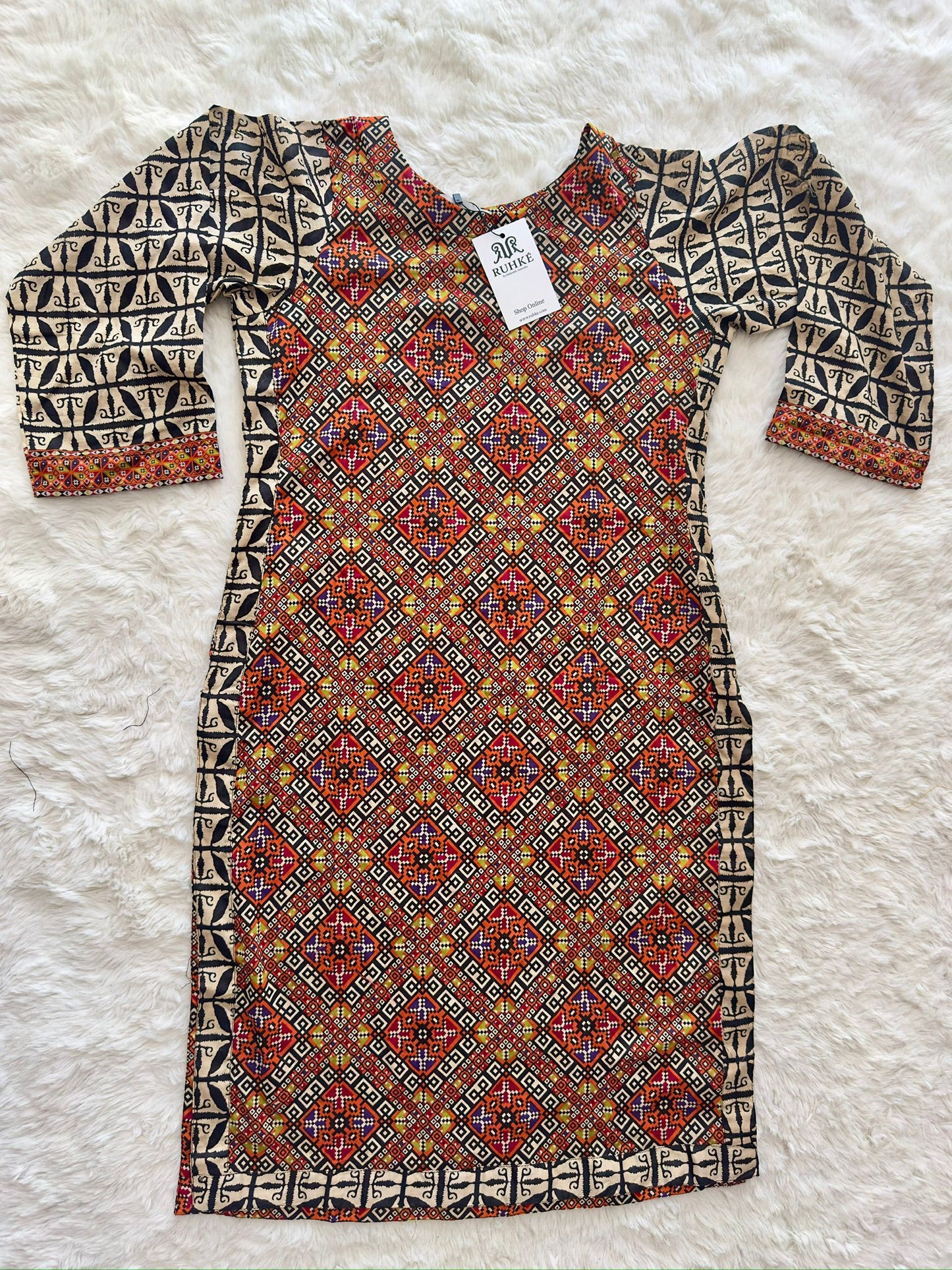 Luxury Printed Lawn 2-Piece Co-Ord Set for Women – Ivory & Rust Ethnic Design | RUHKÉ™