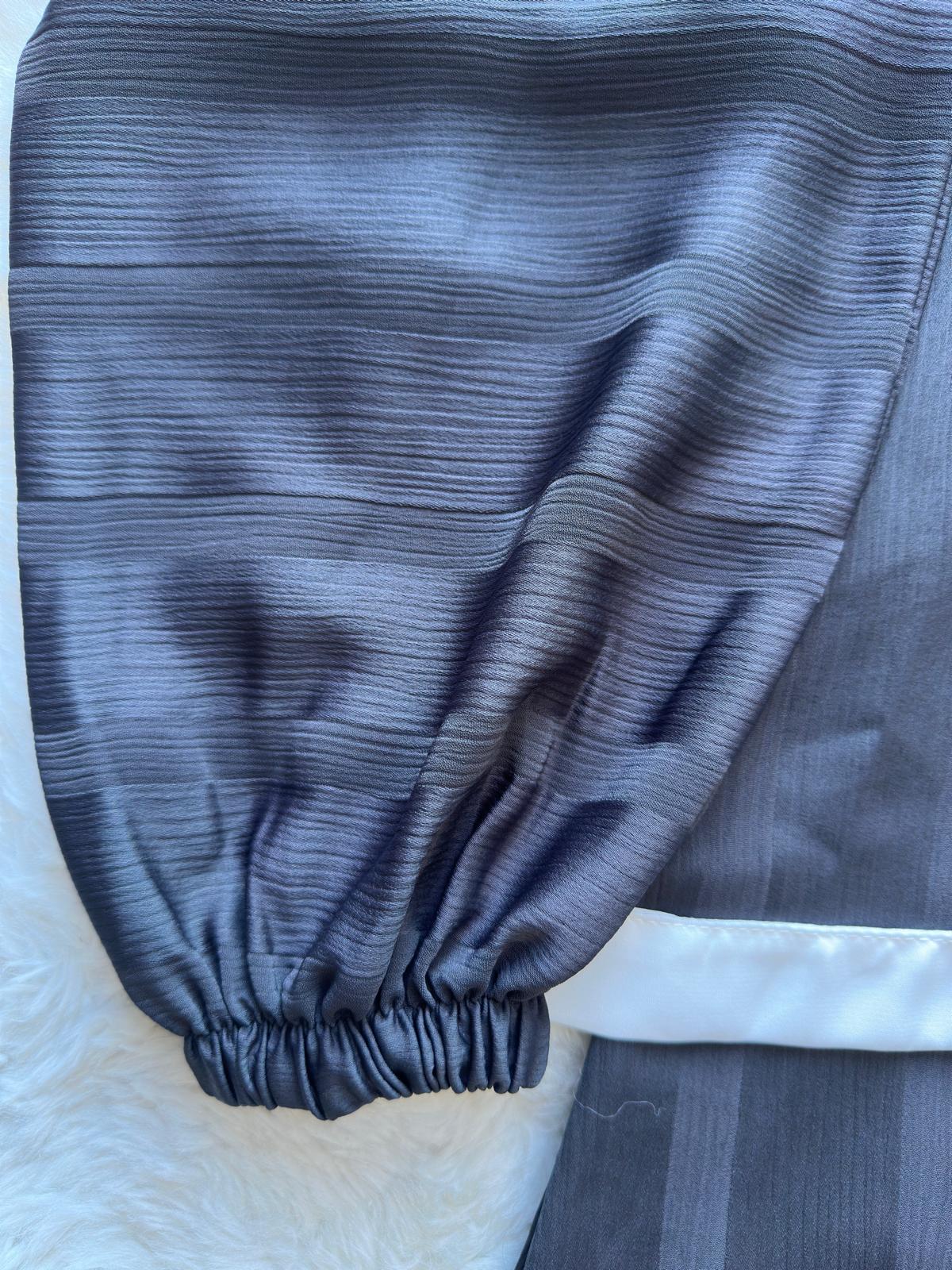 Designer charcoal grey textured silk abaya with refined flare cut and soft movement arm