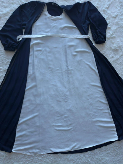 Elegant navy blue textured silk abaya for women, luxury modest wear crafted by RUHKÉ Australia ATTACHED INNER 