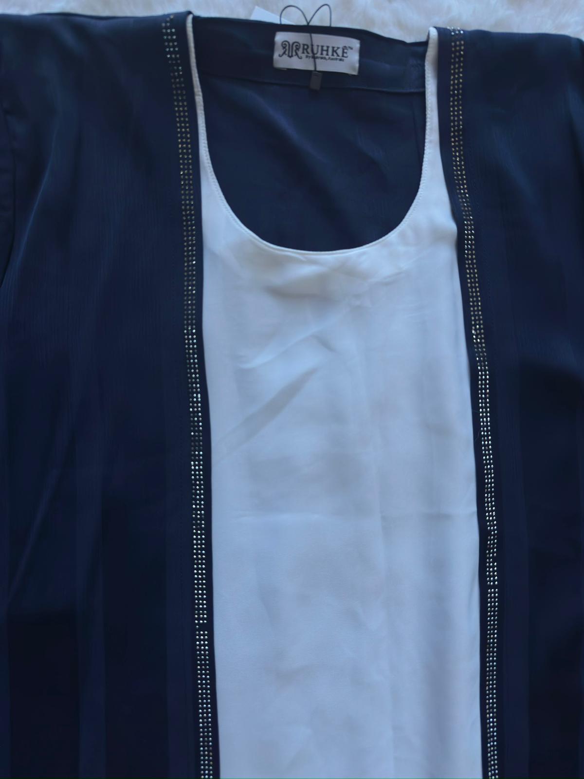 Luxury modest abaya in royal navy textured silk, perfect for Eid and formal occasions NECK STONE WORK