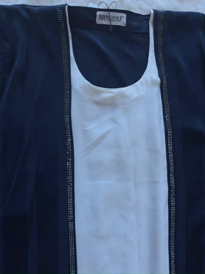 Luxury modest abaya in royal navy textured silk, perfect for Eid and formal occasions NECK STONE WORK