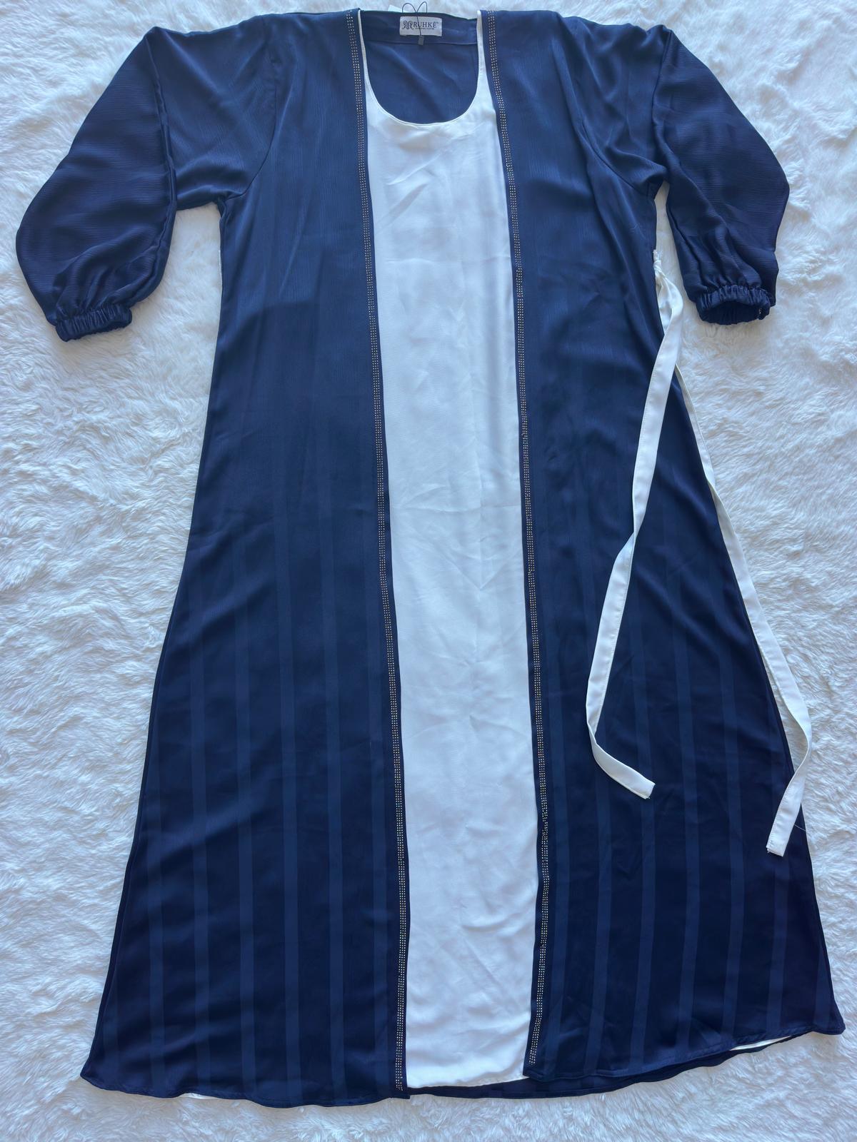 FLAT LAY Luxury modest abaya in royal navy textured silk, perfect for Eid and formal occasions