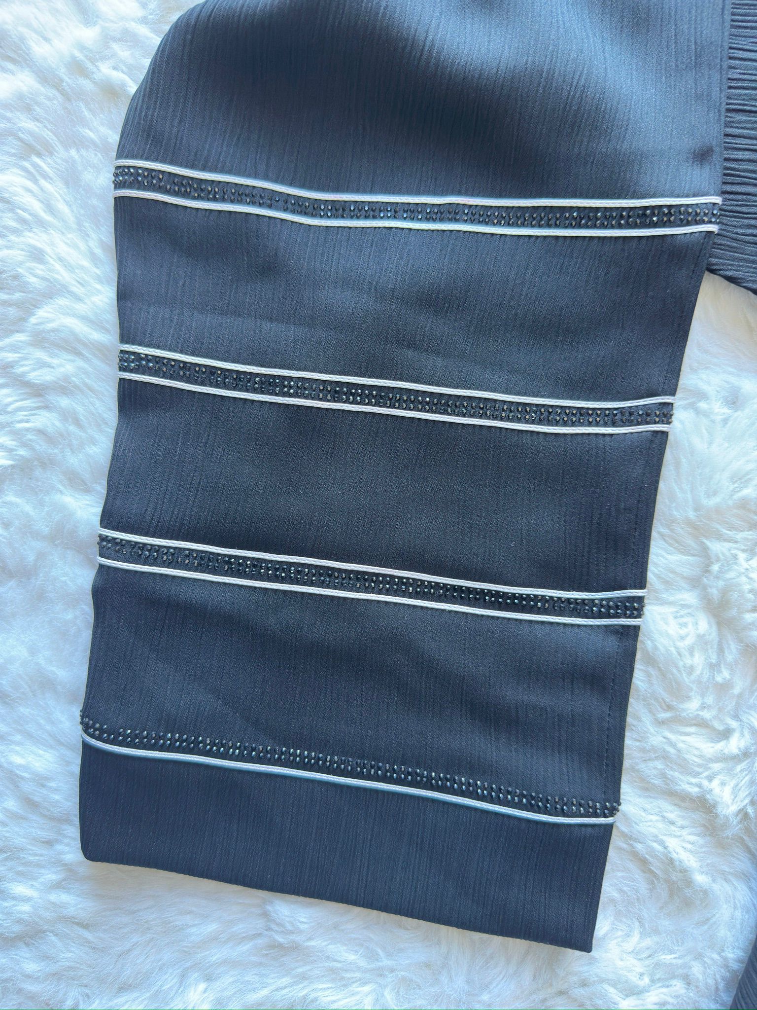 Elegant black textured crêpe silk abaya with premium dori and stone embellishment