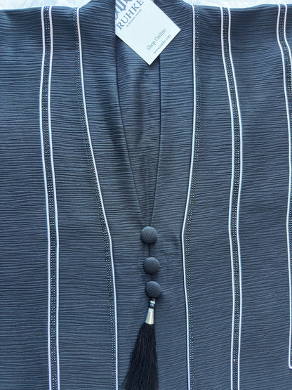 Luxury designer black silk abaya with intricate dori craftsmanship and stone work